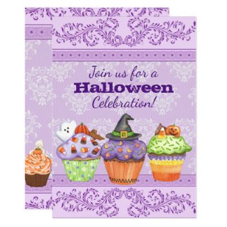 Pretty Purple Halloween Cupcakes Party Invitation