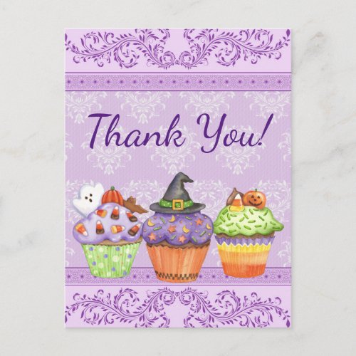 Pretty Purple Halloween Cupcakes Thank You Postcard