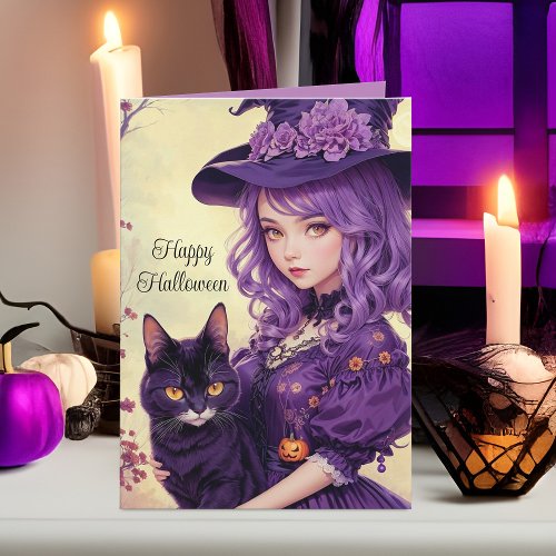 Pretty Purple Halloween Witch  Black Cat Vintage Holiday Card