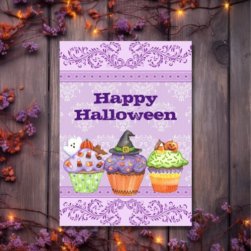 Pretty Purple Happy Halloween Cupcakes Holiday Card
