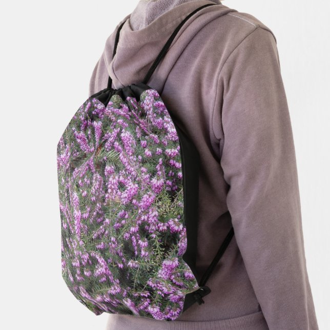 Pretty Purple Heather Floral Drawstring Bag (Insitu)