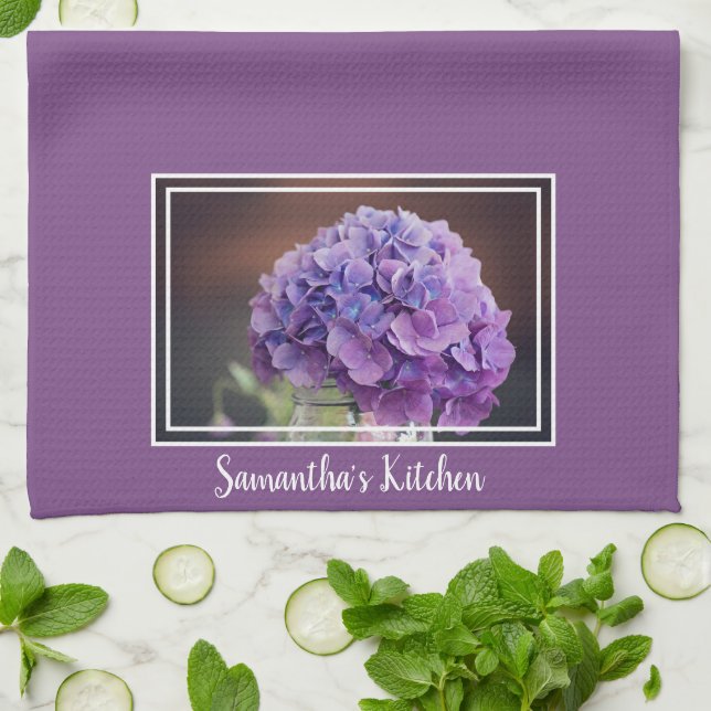 Pretty Purple Hydrangea in Mason Jar Photograph Kitchen Towel (Folded)