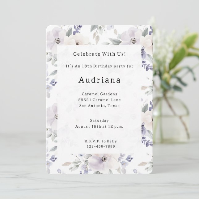 Pretty Purple Ivory Lavender Flowers Birthday  Invitation (Standing Front)
