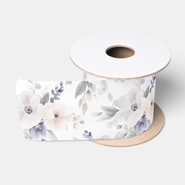 Pretty Purple Ivory Lavender Flowers Bridal Shower Satin Ribbon (Spool)
