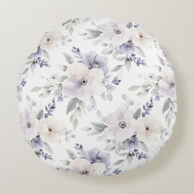 Pretty Purple Ivory Lavender Flowers Round Pillow (Front)