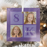 Pretty Purple Kids Photo Collage Custom Christmas Glass Ornament<br><div class="desc">Cool 2 photo square kids Christmas ornament in pretty purple for a little girl or toddler. Celebrate your child with cute photographs of them on these kids keepsake gift. Add their name and age.</div>