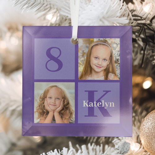 Pretty Purple Kids Photo Collage Custom Christmas Glass Ornament