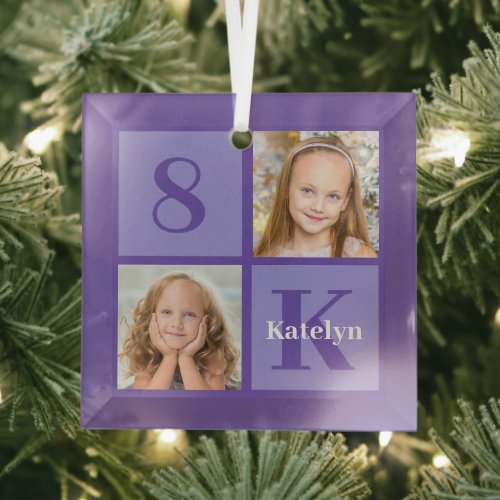 Pretty Purple Kids Photo Collage Custom Christmas Glass Ornament