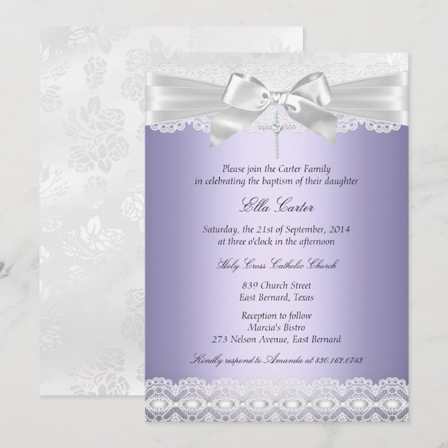 Pretty Purple Lace & Cross Baptism Invite (Front/Back)