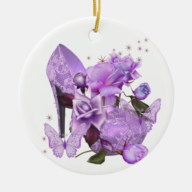 Pretty Purple Lavender Hi Heel Rose Floral Ceramic Ornament (Front)