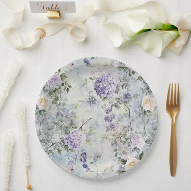 Pretty Purple Lavender White Roses Floral Wedding Paper Plates (Wedding)