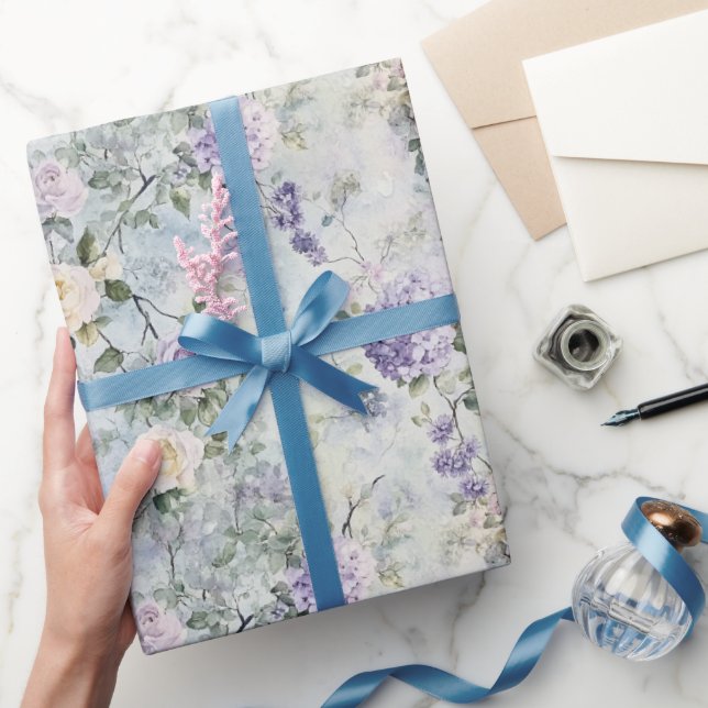 Pretty Purple Lavender White Roses Floral Wedding Wrapping Paper (Gifting)
