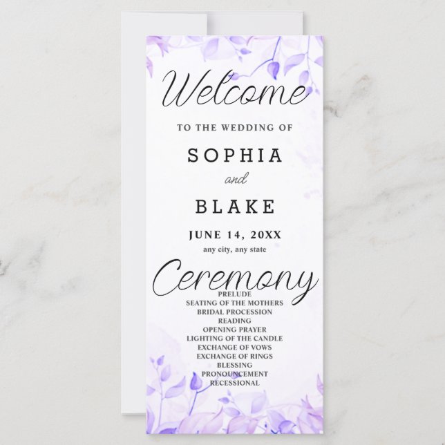 Pretty Purple Leaves White Wedding Program (Front)
