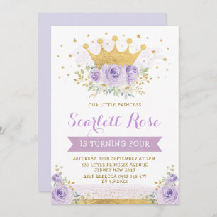 Pretty Purple Lilac Princess Gold Crown Birthday Invitation