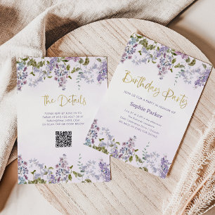 Pretty Purple Lilac   QR Code Birthday Party Invitation