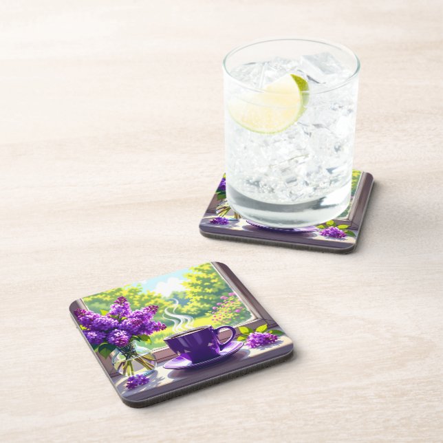 Pretty Purple Lilacs and Coffee  Beverage Coaster (Right Side)