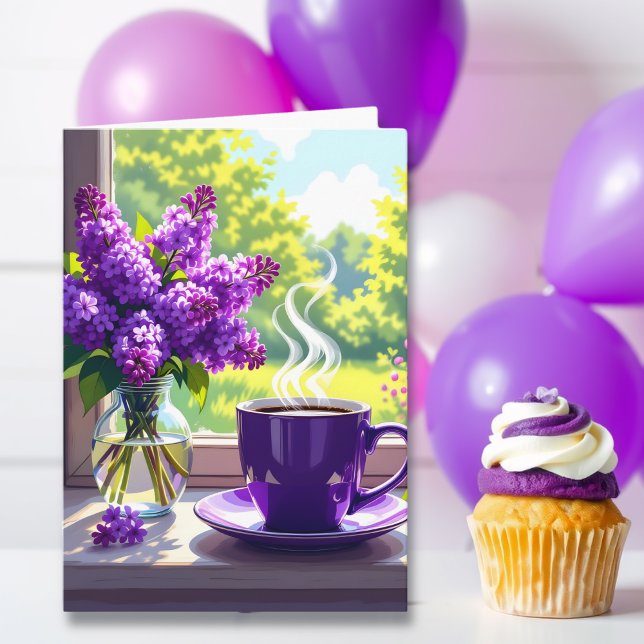 Pretty Purple Lilacs and Coffee Happy Birthday Mom Card (Creator Uploaded)