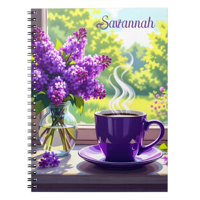 Pretty Purple Lilacs and Coffee Personalized Notebook (Front)