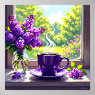 Pretty Purple Lilacs and Coffee Poster