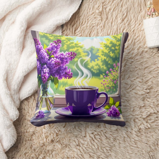 Pretty Purple Lilacs and Coffee  Throw Pillow (Blanket)