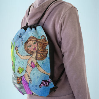 Pretty Purple Mermaid Swimming Fish Seaweed Rocks Drawstring Bag