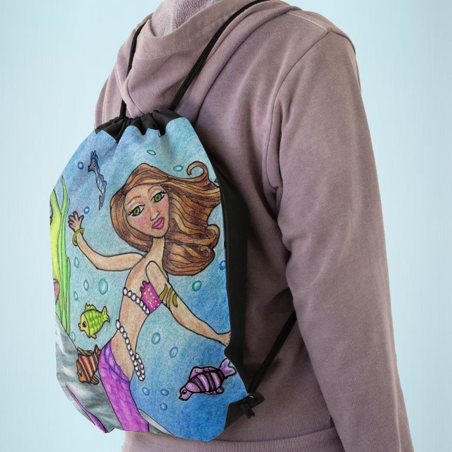 Pretty Purple Mermaid Swimming Fish Seaweed Rocks Drawstring Bag (Pretty Mermaid pink tail in ocean with fish, rocks and seaweed on blue drawstring backpack.)