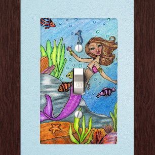 Pretty Purple Mermaid Swimming Fish Seaweed Rocks Light Switch Cover
