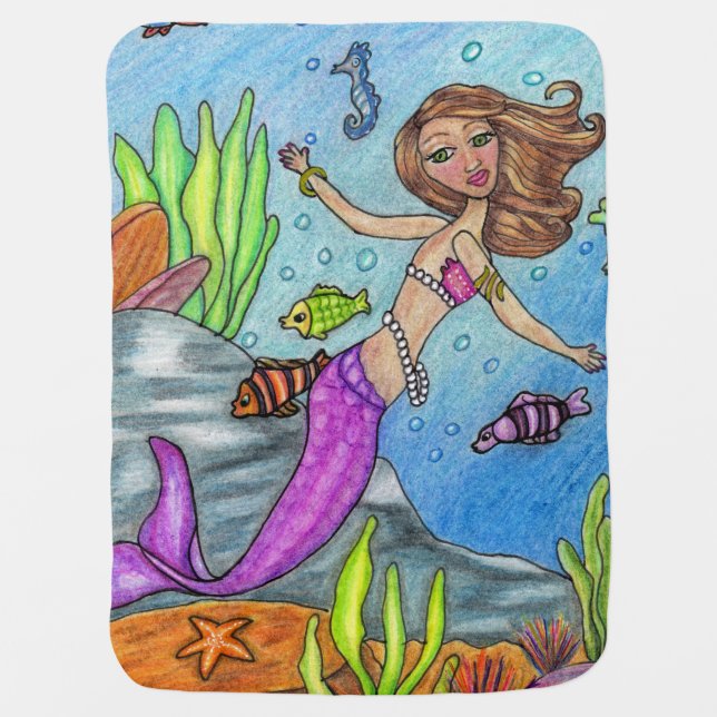 Pretty Purple Mermaid Swimming Fish Seaweed Rocks Receiving Blanket (Front)