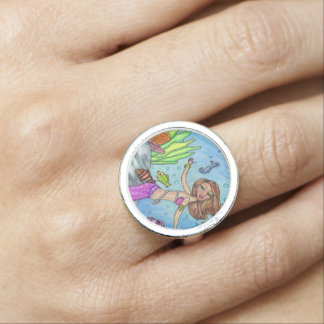 Pretty Purple Mermaid Swimming Fish Seaweed Rocks Ring