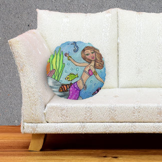 Pretty Purple Mermaid Swimming Fish Seaweed Rocks Round Pillow