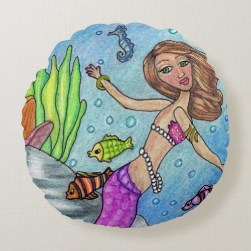 Pretty Purple Mermaid Swimming Fish Seaweed Rocks Round Pillow