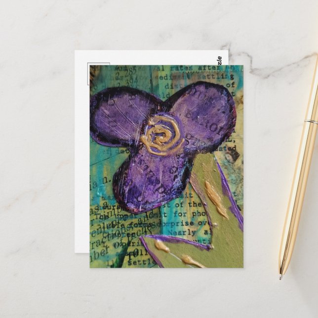 Pretty Purple Mixed Media Flower Postcard (Front/Back In Situ)