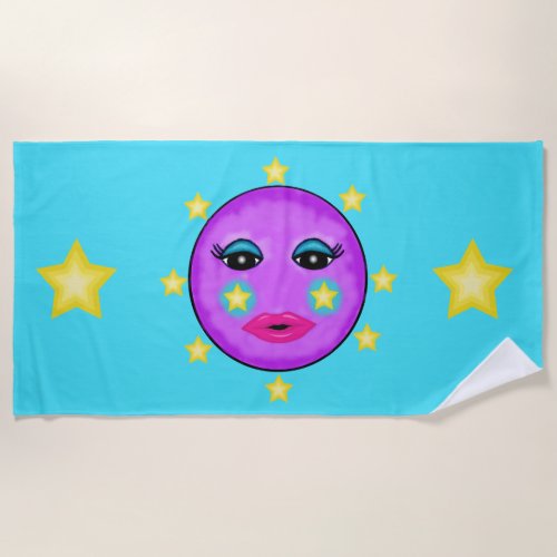 Pretty Purple Moon Face Yellow Stars Pink Lips Beach Towel