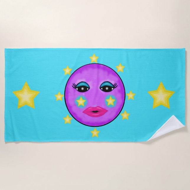 Pretty Purple Moon Face Yellow Stars Pink Lips Beach Towel (Front)
