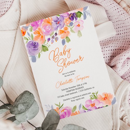 Pretty purple orange floral script baby shower invitation