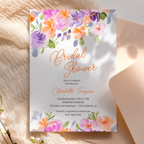 Pretty purple orange floral script bridal shower invitation