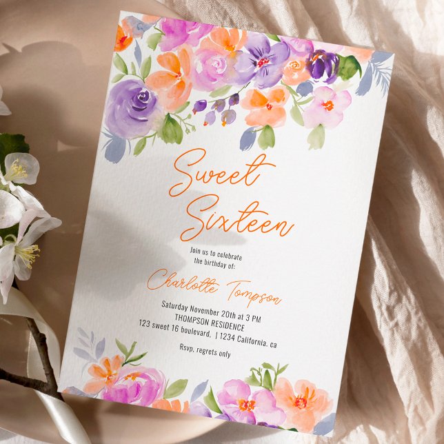 Pretty purple orange floral script sweet 16 invitation (Pretty purple orange floral script sweet 16 invitation)