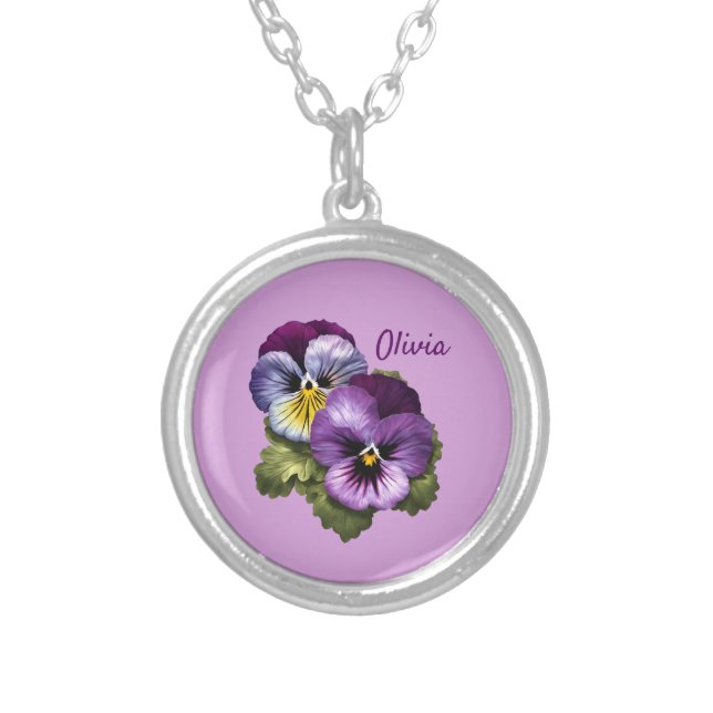 Pretty Purple Pansies Silver Plated Necklace (Front)