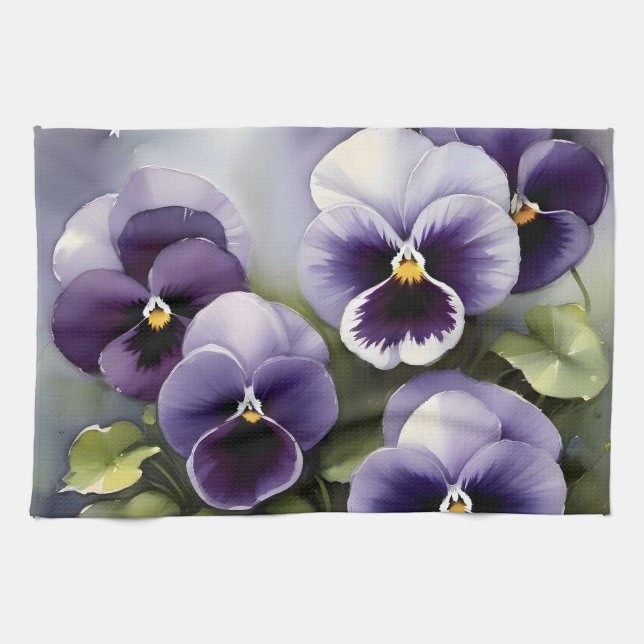 Pretty purple pansies watercolor painting  kitchen towel (Horizontal)