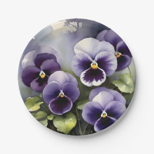 Pretty purple pansies watercolor painting paper plates