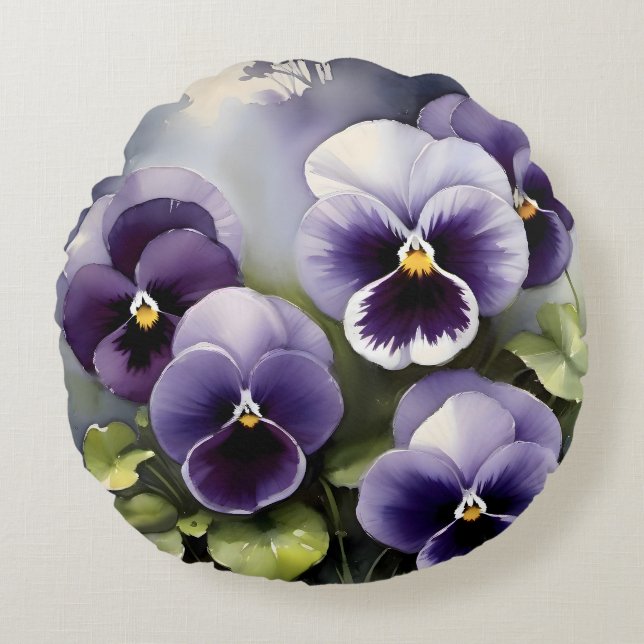 Pretty purple pansies watercolor painting round pillow (Front)