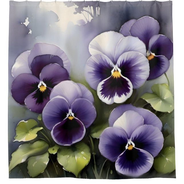 Pretty purple pansies watercolor painting shower curtain (Front)