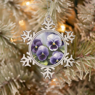 Pretty purple pansies watercolor painting  snowflake pewter christmas ornament