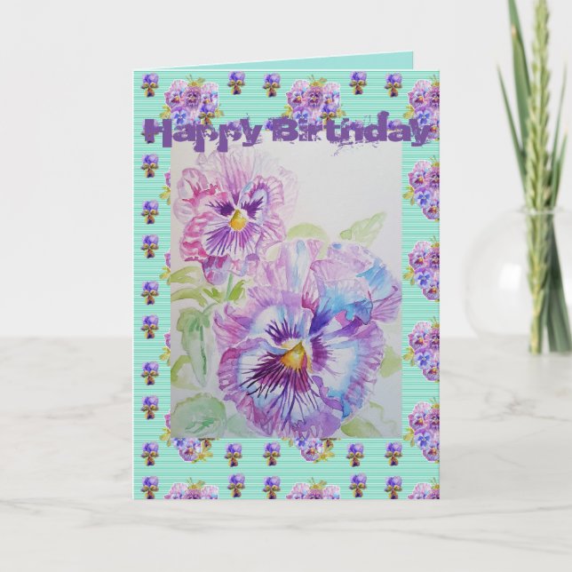 Pretty Purple Pansy Viola Watercolour art Card (Front)