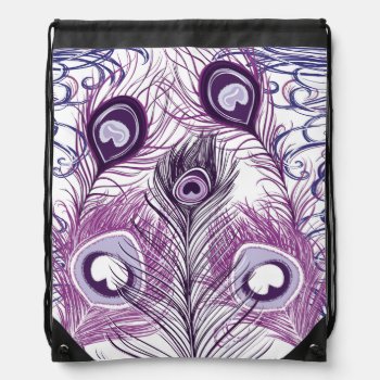 Pretty Purple Peacock Feathers Cinch Bag Backpack by PrettyPatternsGifts at Zazzle