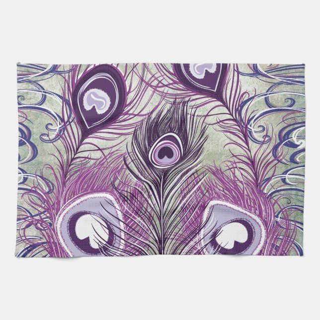 Pretty Purple Peacock Feathers Elegant Design Kitchen Towel (Horizontal)