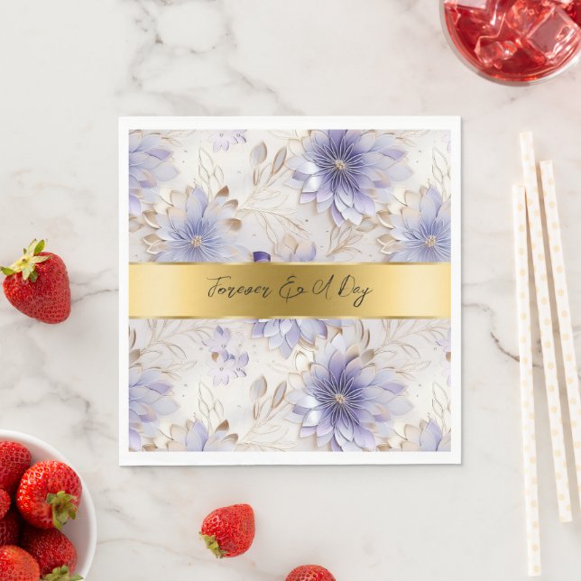Pretty Purple Pearl Gold Floral Wedding Napkins (Insitu)