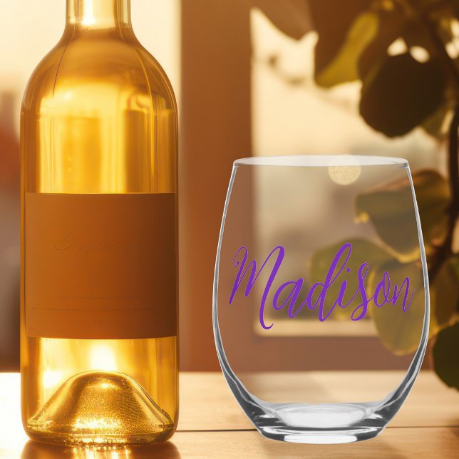 Pretty Purple Personalized Name Handwritten Script Stemless Wine Glass (Creator Uploaded)
