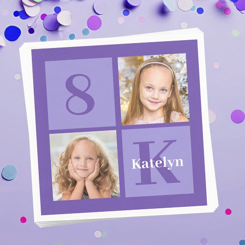 Pretty Purple Photo Collage Custom Birthday Party Napkins