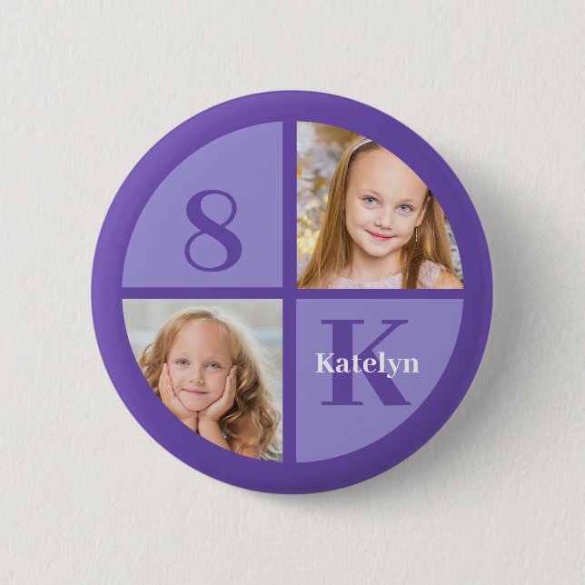 Pretty Purple Photo Custom Kids Birthday Party Button (Front)